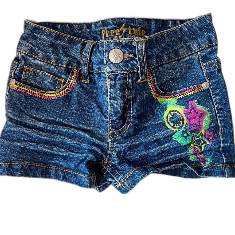 Freestyle Revolution Girls Shorts Size 4 Colorful Embroidered Medium Wash Demin